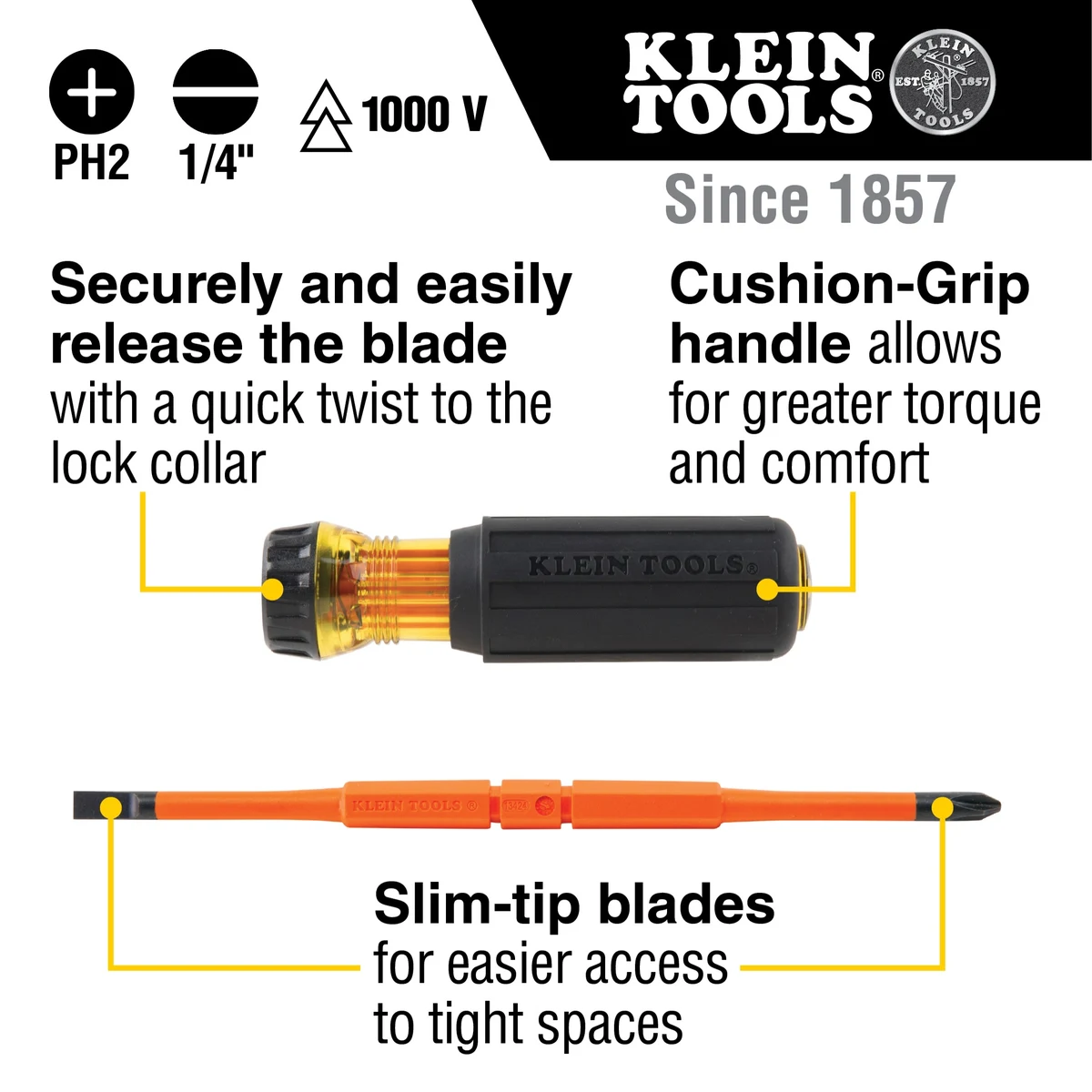 KLEIN TOOLS 32293 изолированная отвертка 2-в-1 со сменным двусторонним стержнем, PH2 / SL 1/4