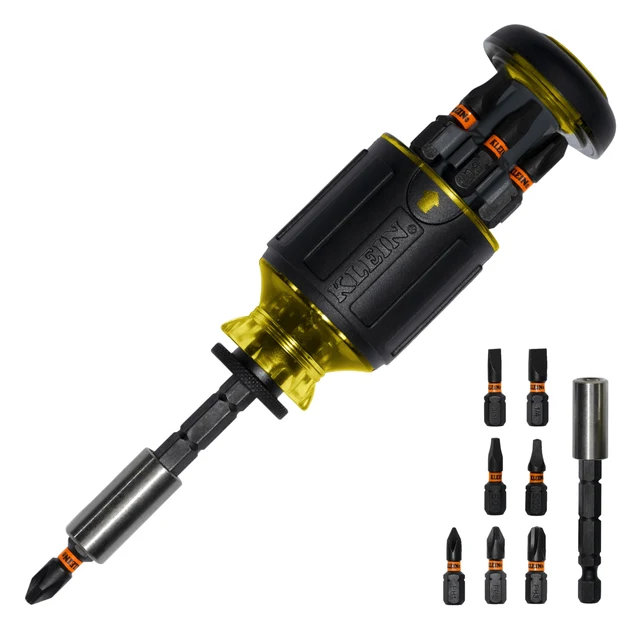 KLEIN TOOLS 32308 короткая отвертка 8-в-1 с регулируемой длиной и съемным ударным держателем